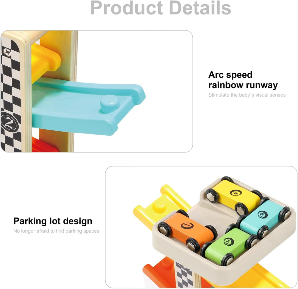 Wooden Car Ramp Racer Toy – Montessori Educational Multi-Level Race Track for Toddlers & Kids