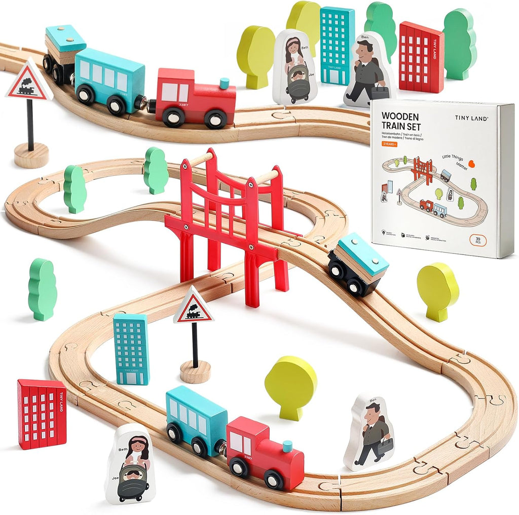 Wooden Train Set – 39 Pcs with Wooden Tracks, Expandable & Changeable Railway Toy for Kids & Toddlers