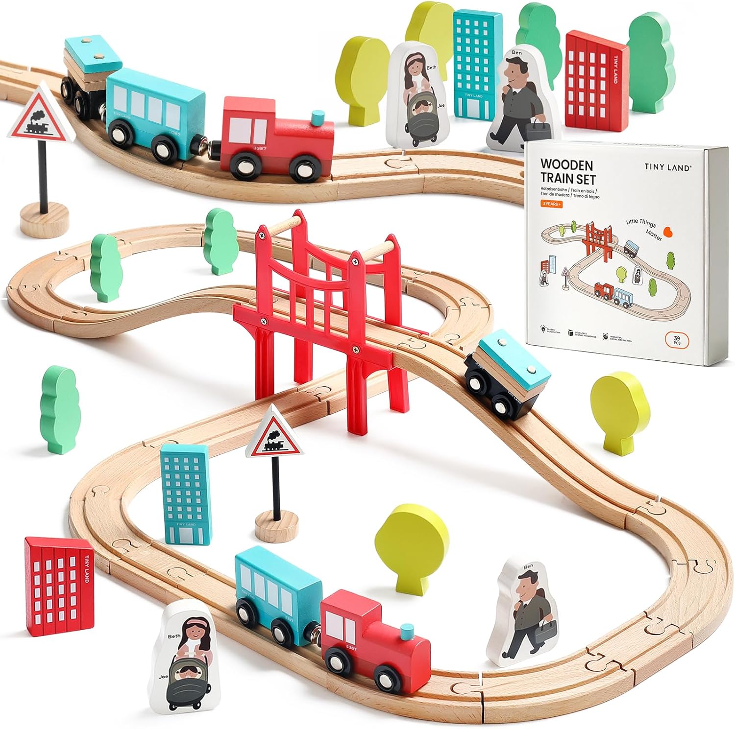 Wooden Train Set – 39 Pcs with Wooden Tracks, Expandable & Changeable Railway Toy for Kids & Toddlers
