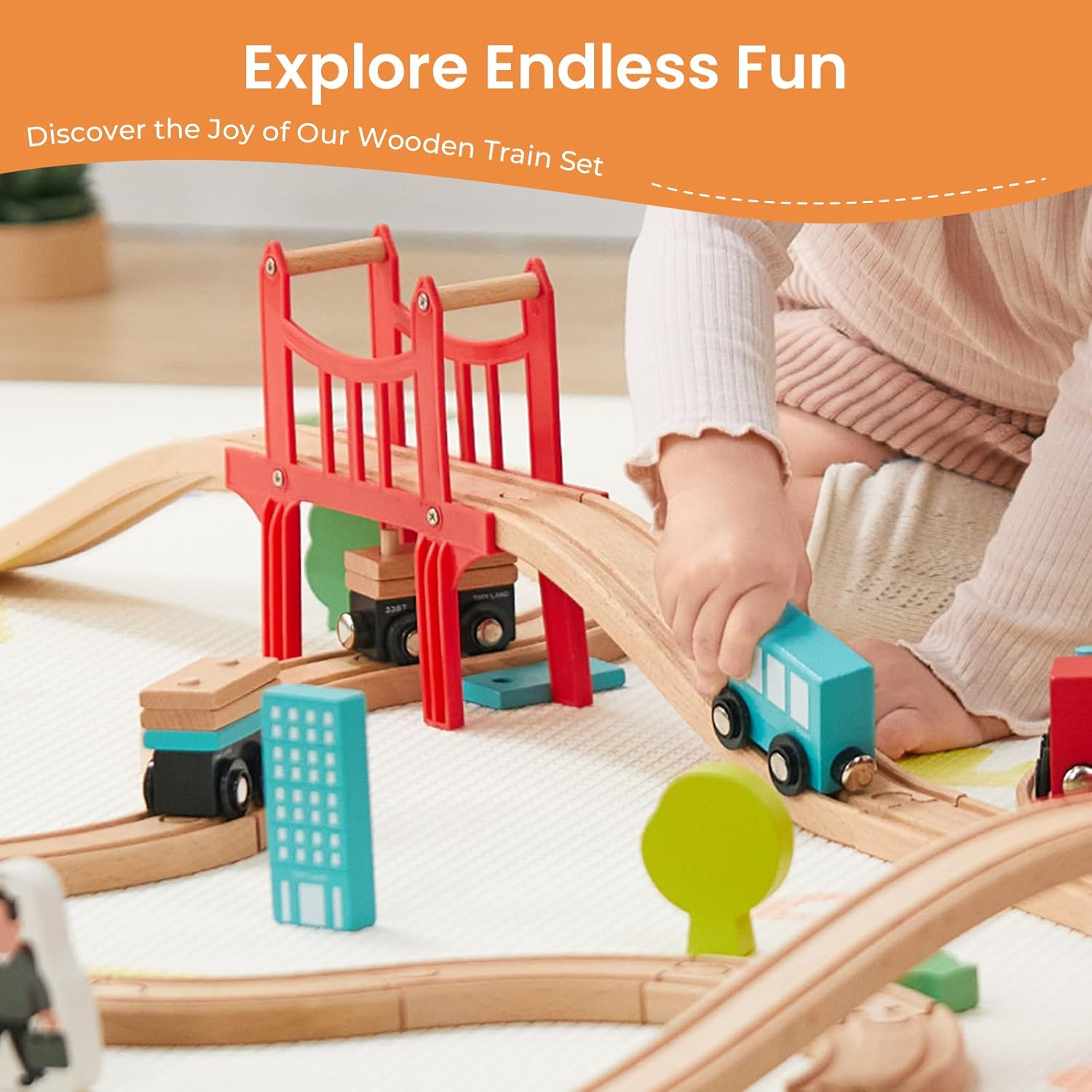 Wooden Train Set – 39 Pcs with Wooden Tracks, Expandable & Changeable Railway Toy for Kids & Toddlers