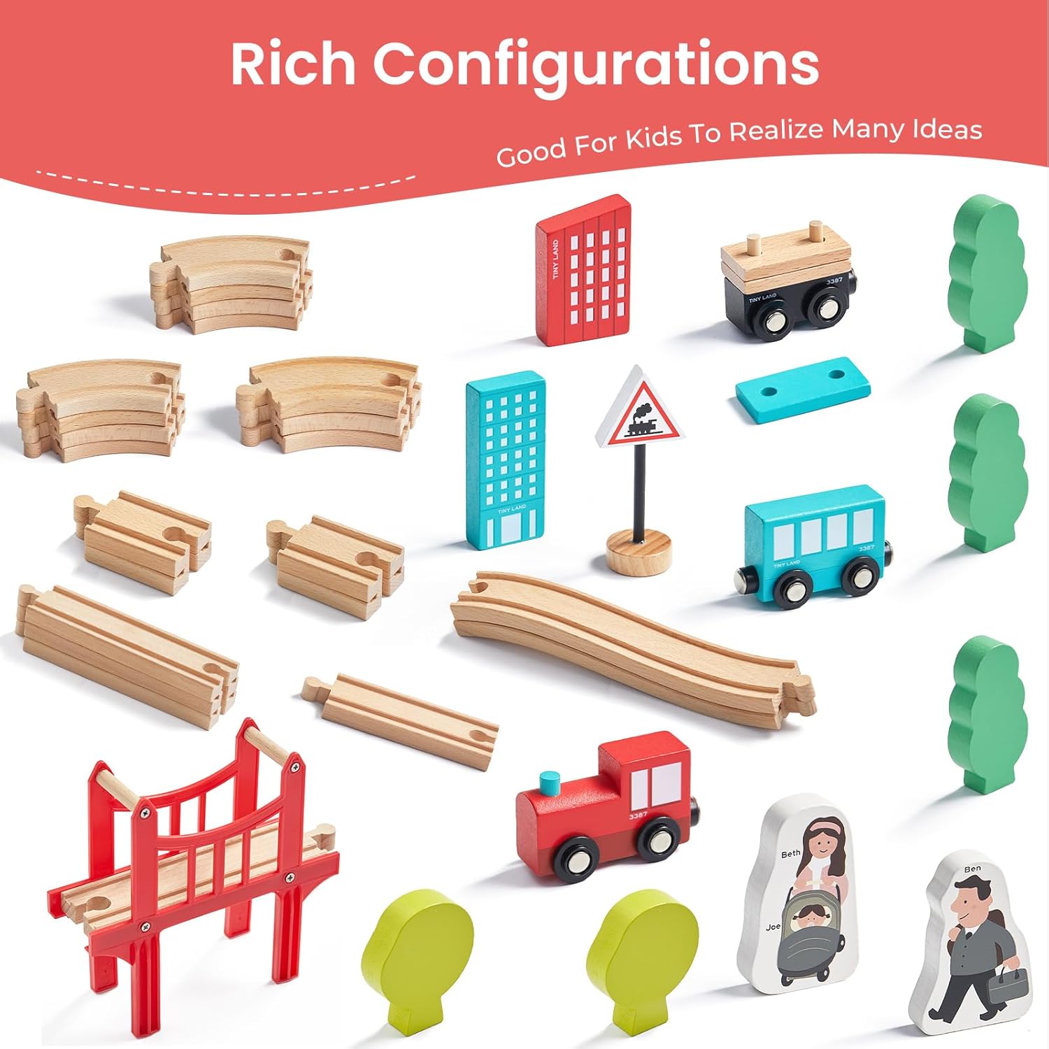 Wooden Train Set – 39 Pcs with Wooden Tracks, Expandable & Changeable Railway Toy for Kids & Toddlers