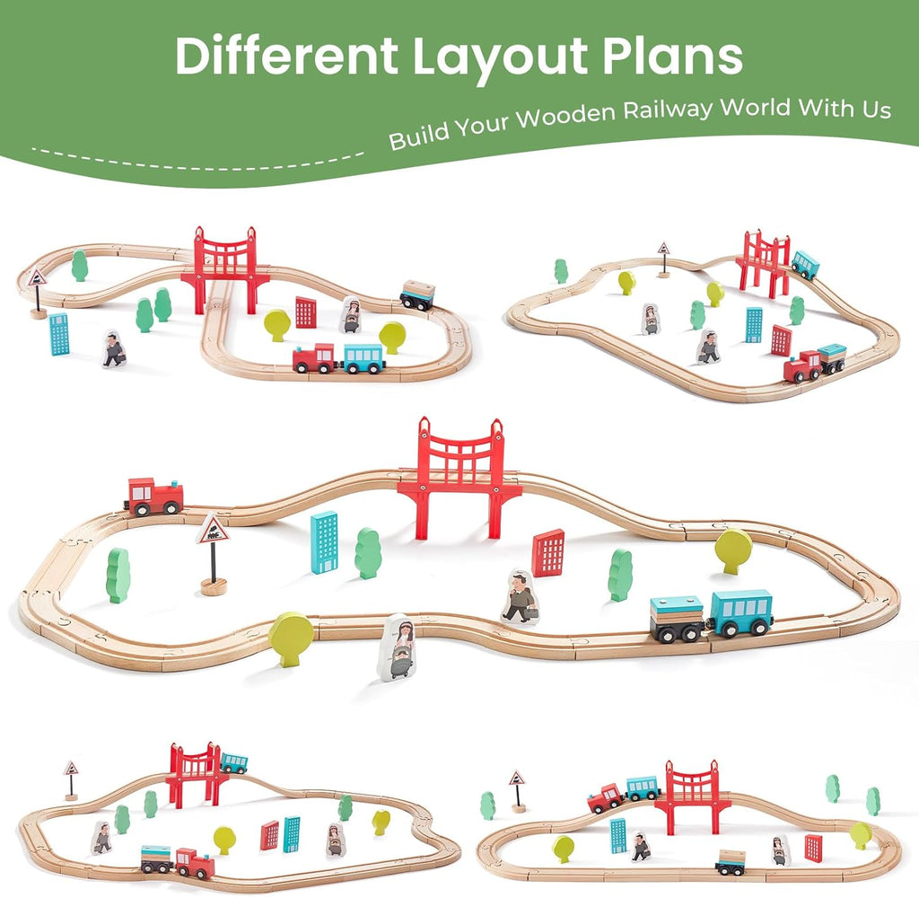 Wooden Train Set – 39 Pcs with Wooden Tracks, Expandable & Changeable Railway Toy for Kids & Toddlers