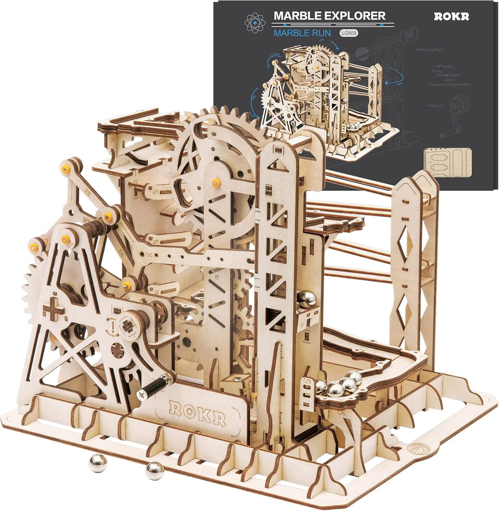 3D Wooden Marble Run Mechanical Gears Puzzle Kit – Brain Teaser Assembly Model Set