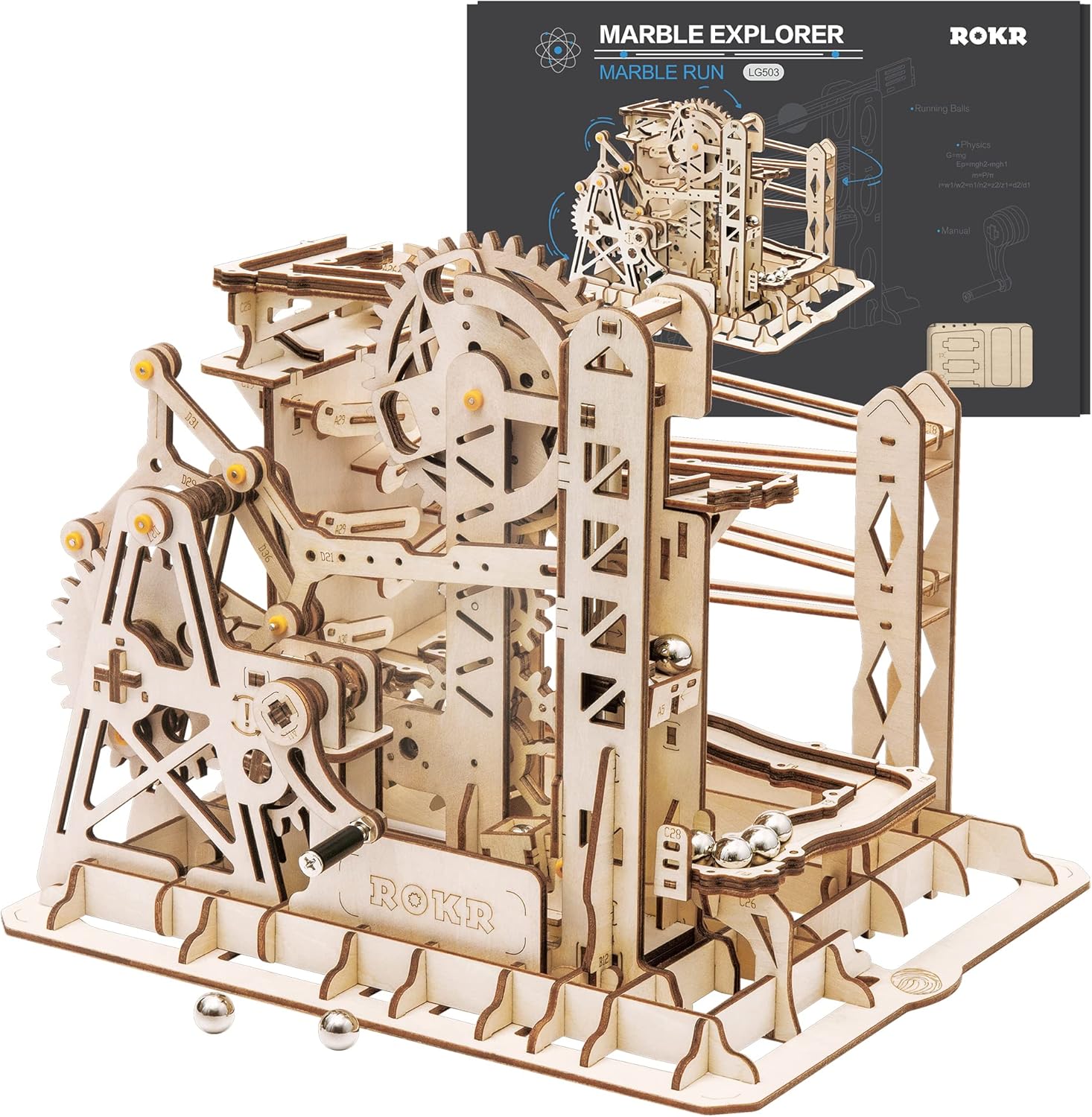 3D Wooden Marble Run Mechanical Gears Puzzle Kit – Brain Teaser Assembly Model Set