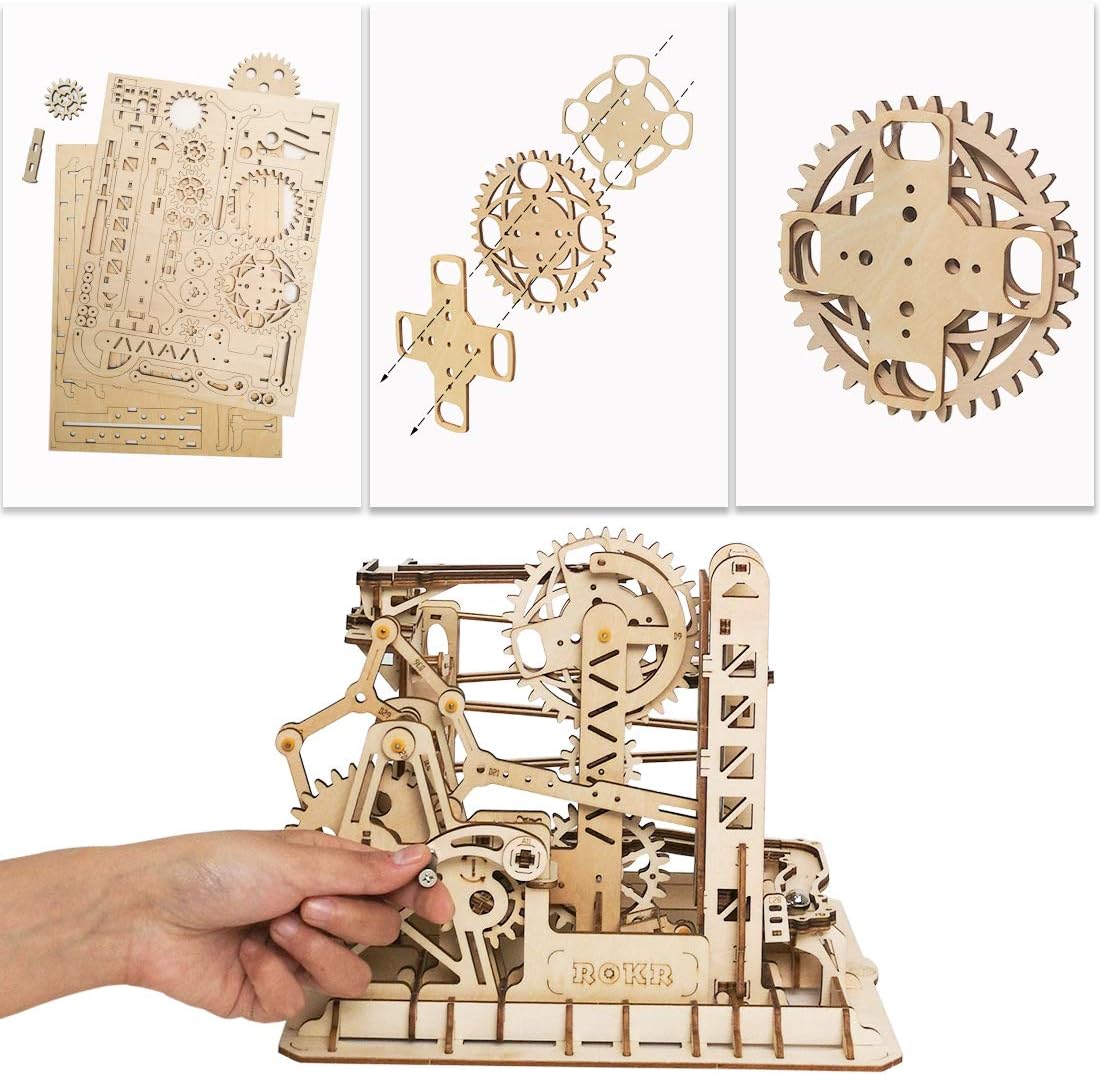 3D Wooden Marble Run Mechanical Gears Puzzle Kit – Brain Teaser Assembly Model Set