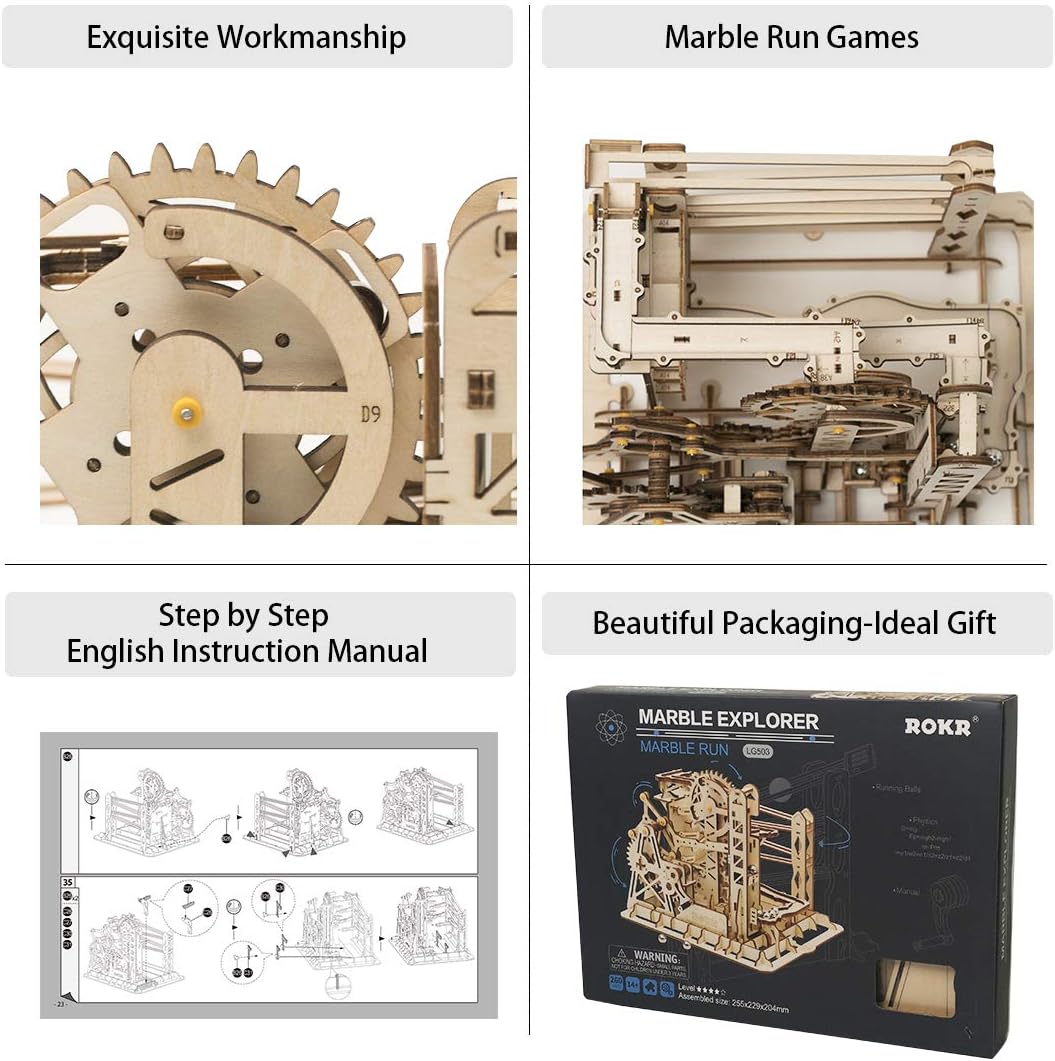 3D Wooden Marble Run Mechanical Gears Puzzle Kit – Brain Teaser Assembly Model Set