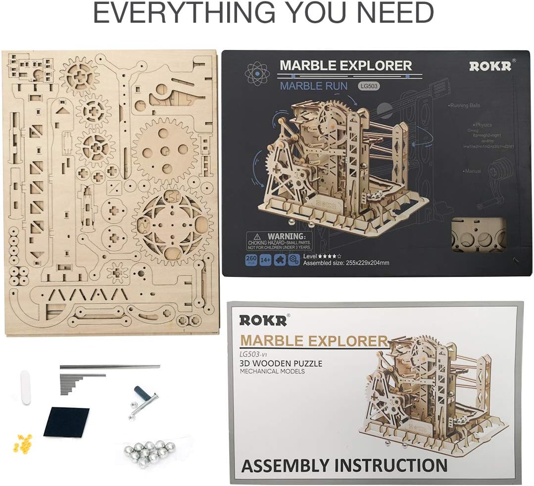 3D Wooden Marble Run Mechanical Gears Puzzle Kit – Brain Teaser Assembly Model Set