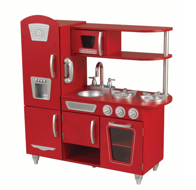 Red Vintage Wooden Play Kitchen with Stainless Steel-Look Trim & Play Phone – Kids Pretend Play Kitchen Set for Imaginative Cooking & Role Play Fun
