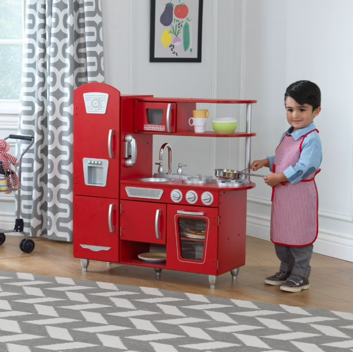 Red Vintage Wooden Play Kitchen with Stainless Steel-Look Trim & Play Phone – Kids Pretend Play Kitchen Set for Imaginative Cooking & Role Play Fun