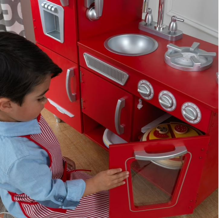 Red Vintage Wooden Play Kitchen with Stainless Steel-Look Trim & Play Phone – Kids Pretend Play Kitchen Set for Imaginative Cooking & Role Play Fun