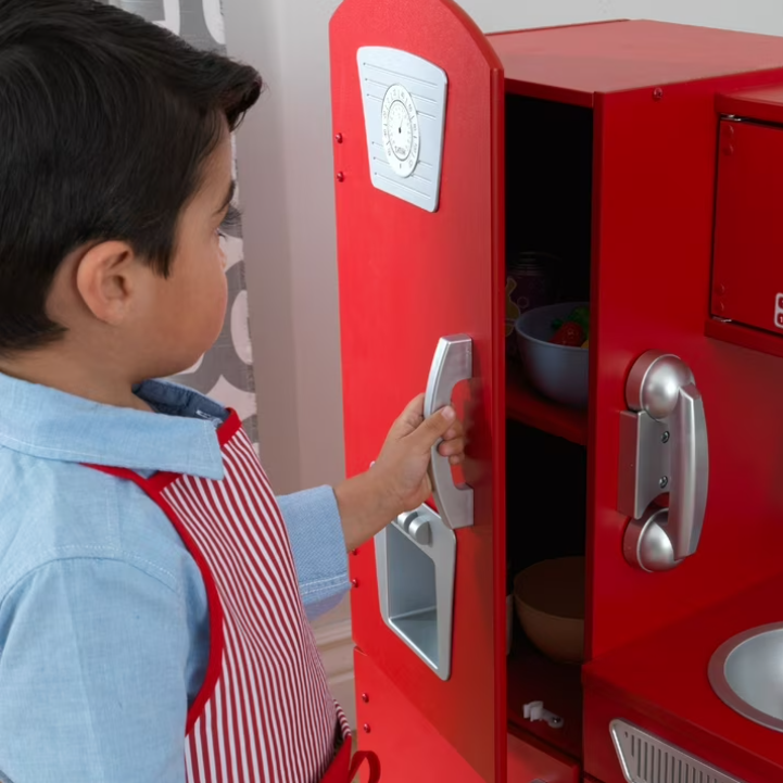 Red Vintage Wooden Play Kitchen with Stainless Steel-Look Trim & Play Phone – Kids Pretend Play Kitchen Set for Imaginative Cooking & Role Play Fun