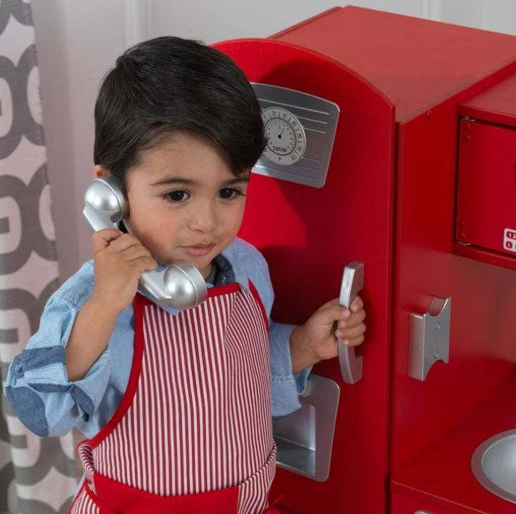 Red Vintage Wooden Play Kitchen with Stainless Steel-Look Trim & Play Phone – Kids Pretend Play Kitchen Set for Imaginative Cooking & Role Play Fun