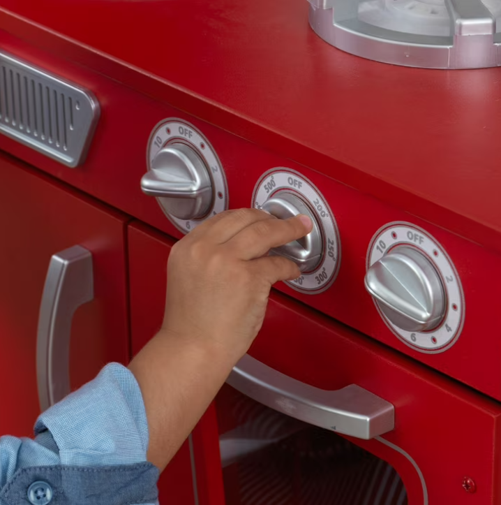 Red Vintage Wooden Play Kitchen with Stainless Steel-Look Trim & Play Phone – Kids Pretend Play Kitchen Set for Imaginative Cooking & Role Play Fun