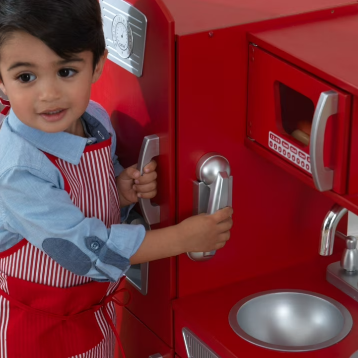 Red Vintage Wooden Play Kitchen with Stainless Steel-Look Trim & Play Phone – Kids Pretend Play Kitchen Set for Imaginative Cooking & Role Play Fun