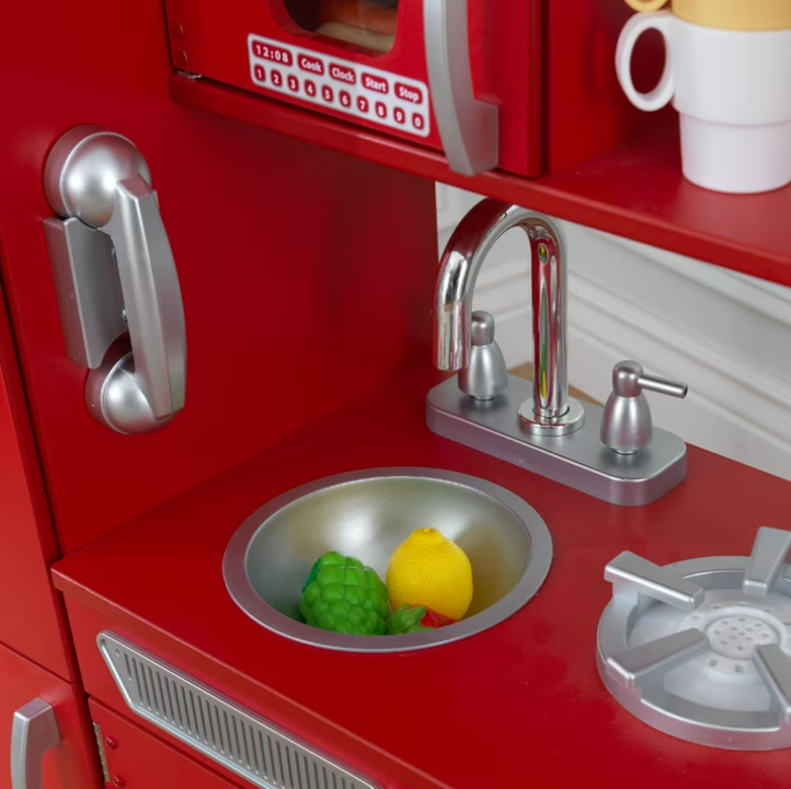 Red Vintage Wooden Play Kitchen with Stainless Steel-Look Trim & Play Phone – Kids Pretend Play Kitchen Set for Imaginative Cooking & Role Play Fun