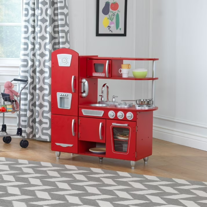 Red Vintage Wooden Play Kitchen with Stainless Steel-Look Trim & Play Phone – Kids Pretend Play Kitchen Set for Imaginative Cooking & Role Play Fun