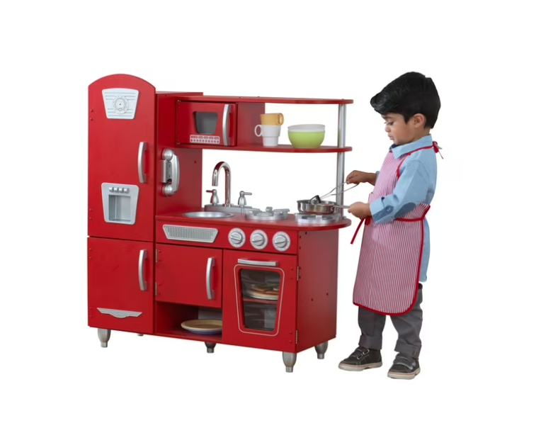 Red Vintage Wooden Play Kitchen with Stainless Steel-Look Trim & Play Phone – Kids Pretend Play Kitchen Set for Imaginative Cooking & Role Play Fun