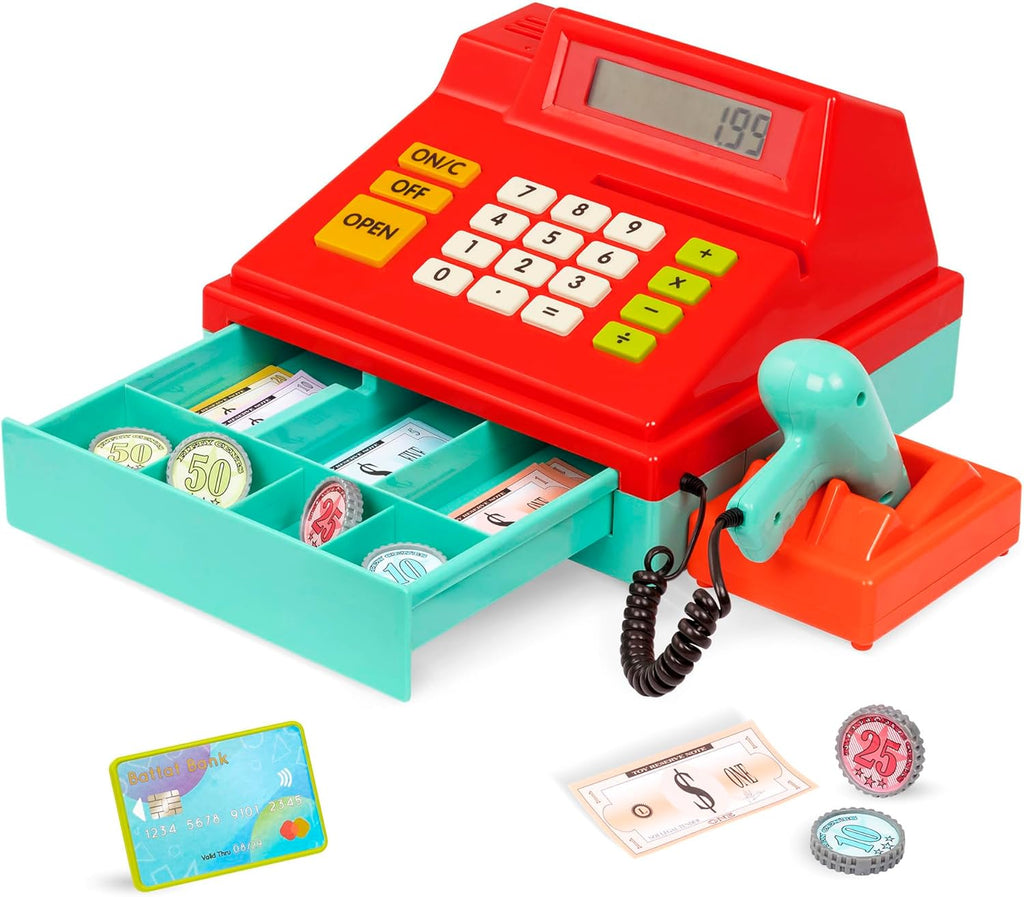 Kids Cash Register with Scanner – Pretend Play Supermarket Checkout Toy with Calculator, Scanner & Play Money for Imaginative Role Play Fun