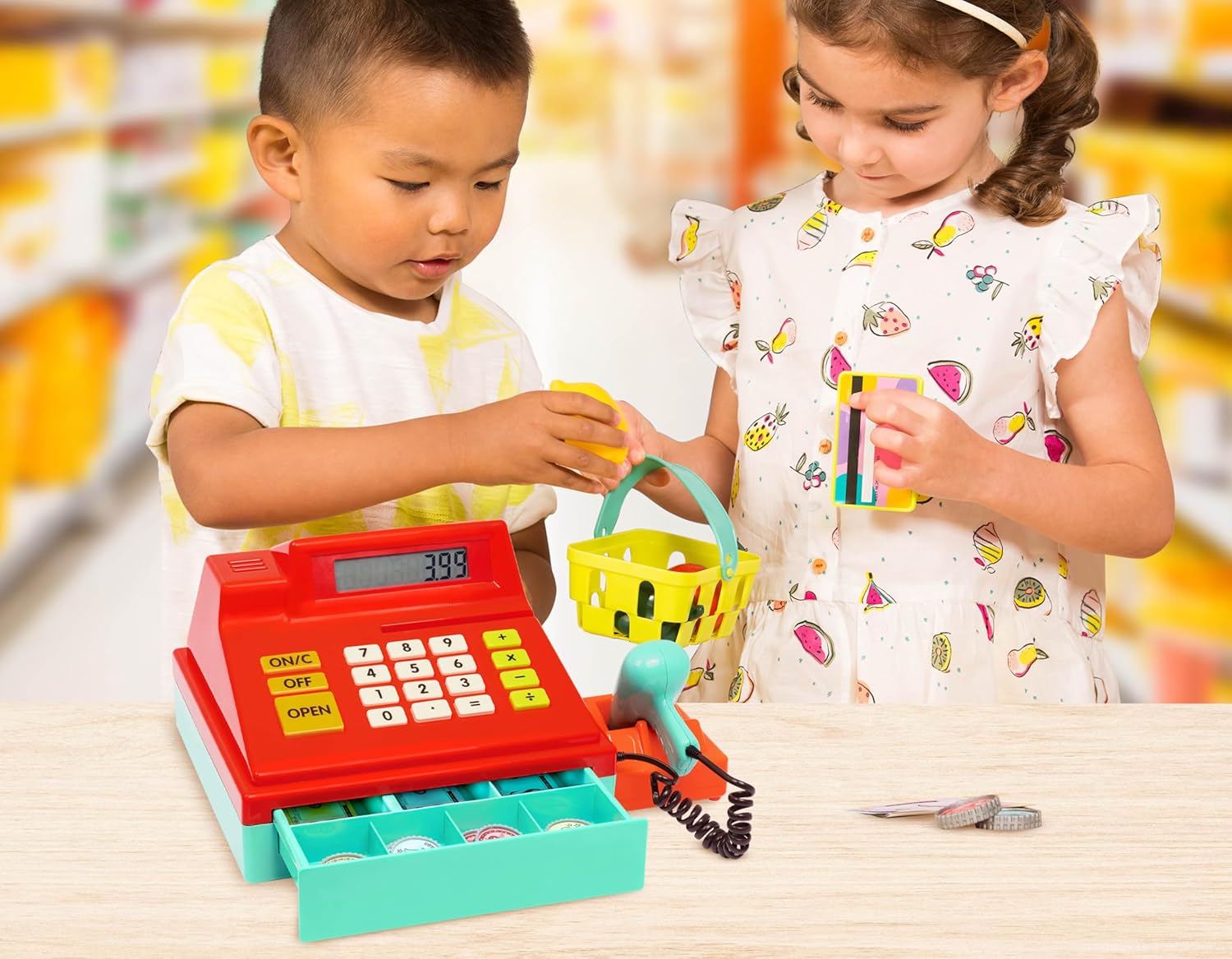 Kids Cash Register with Scanner – Pretend Play Supermarket Checkout Toy with Calculator, Scanner & Play Money for Imaginative Role Play Fun