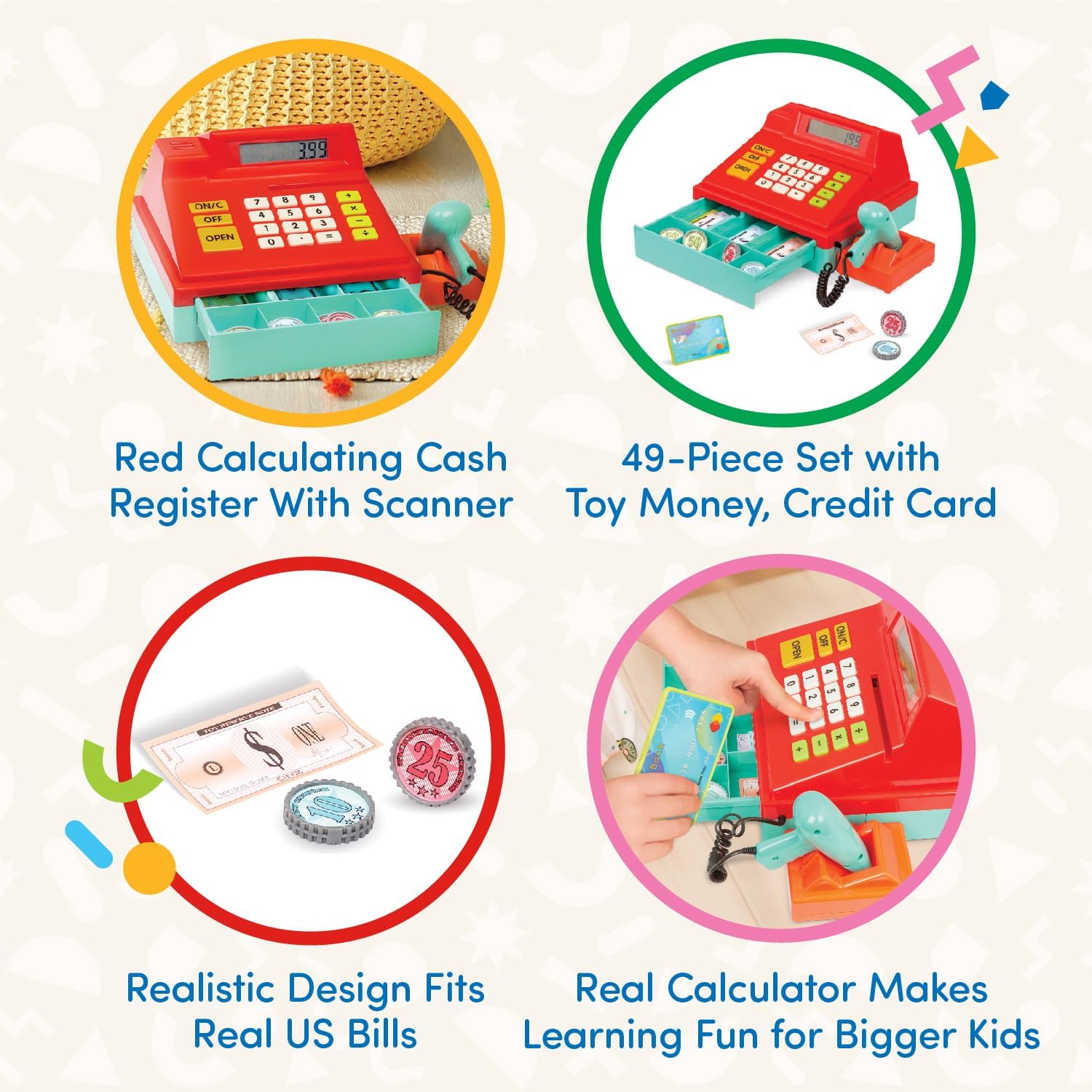 Kids Cash Register with Scanner – Pretend Play Supermarket Checkout Toy with Calculator, Scanner & Play Money for Imaginative Role Play Fun