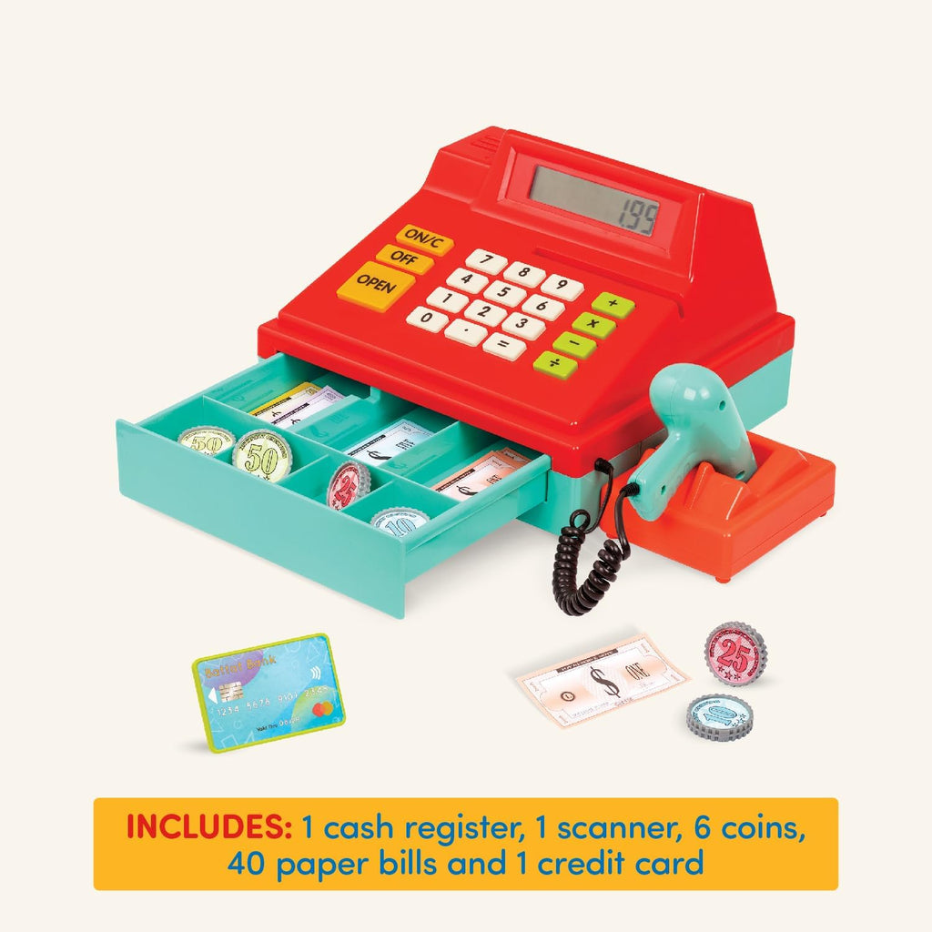 Kids Cash Register with Scanner – Pretend Play Supermarket Checkout Toy with Calculator, Scanner & Play Money for Imaginative Role Play Fun