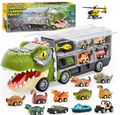 13-in-1 Dinosaur Truck Toys for Kids – Dinosaur Transport Truck with Light & Sound, Includes 12 Pull-Back Cars for Imaginative Play & Adventure Fun
