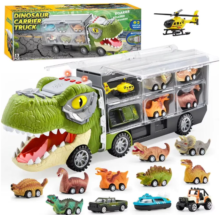 13-in-1 Dinosaur Truck Toys for Kids – Dinosaur Transport Truck with Light & Sound, Includes 12 Pull-Back Cars for Imaginative Play & Adventure Fun