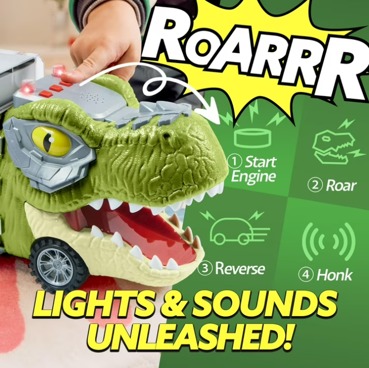13-in-1 Dinosaur Truck Toys for Kids – Dinosaur Transport Truck with Light & Sound, Includes 12 Pull-Back Cars for Imaginative Play & Adventure Fun