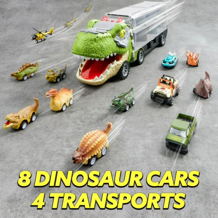 13-in-1 Dinosaur Truck Toys for Kids – Dinosaur Transport Truck with Light & Sound, Includes 12 Pull-Back Cars for Imaginative Play & Adventure Fun