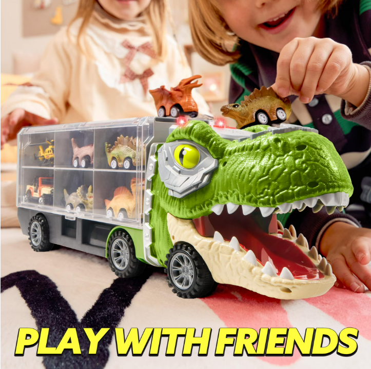 13-in-1 Dinosaur Truck Toys for Kids – Dinosaur Transport Truck with Light & Sound, Includes 12 Pull-Back Cars for Imaginative Play & Adventure Fun