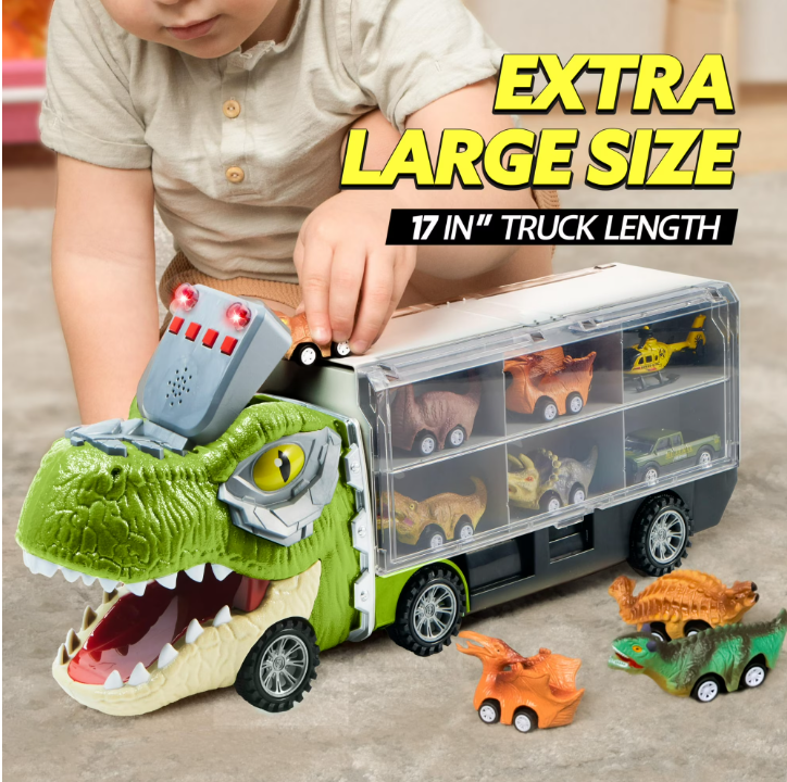 13-in-1 Dinosaur Truck Toys for Kids – Dinosaur Transport Truck with Light & Sound, Includes 12 Pull-Back Cars for Imaginative Play & Adventure Fun