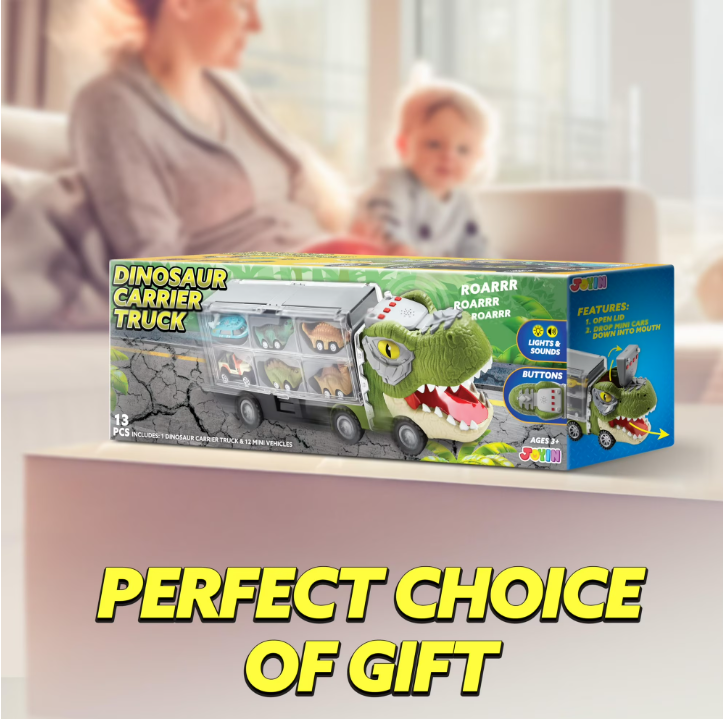 13-in-1 Dinosaur Truck Toys for Kids – Dinosaur Transport Truck with Light & Sound, Includes 12 Pull-Back Cars for Imaginative Play & Adventure Fun