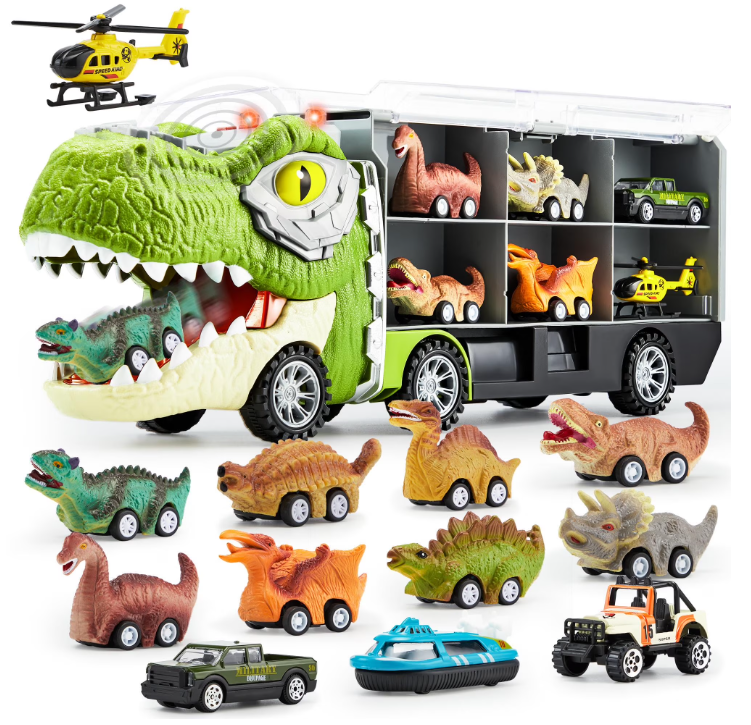 13-in-1 Dinosaur Truck Toys for Kids – Dinosaur Transport Truck with Light & Sound, Includes 12 Pull-Back Cars for Imaginative Play & Adventure Fun