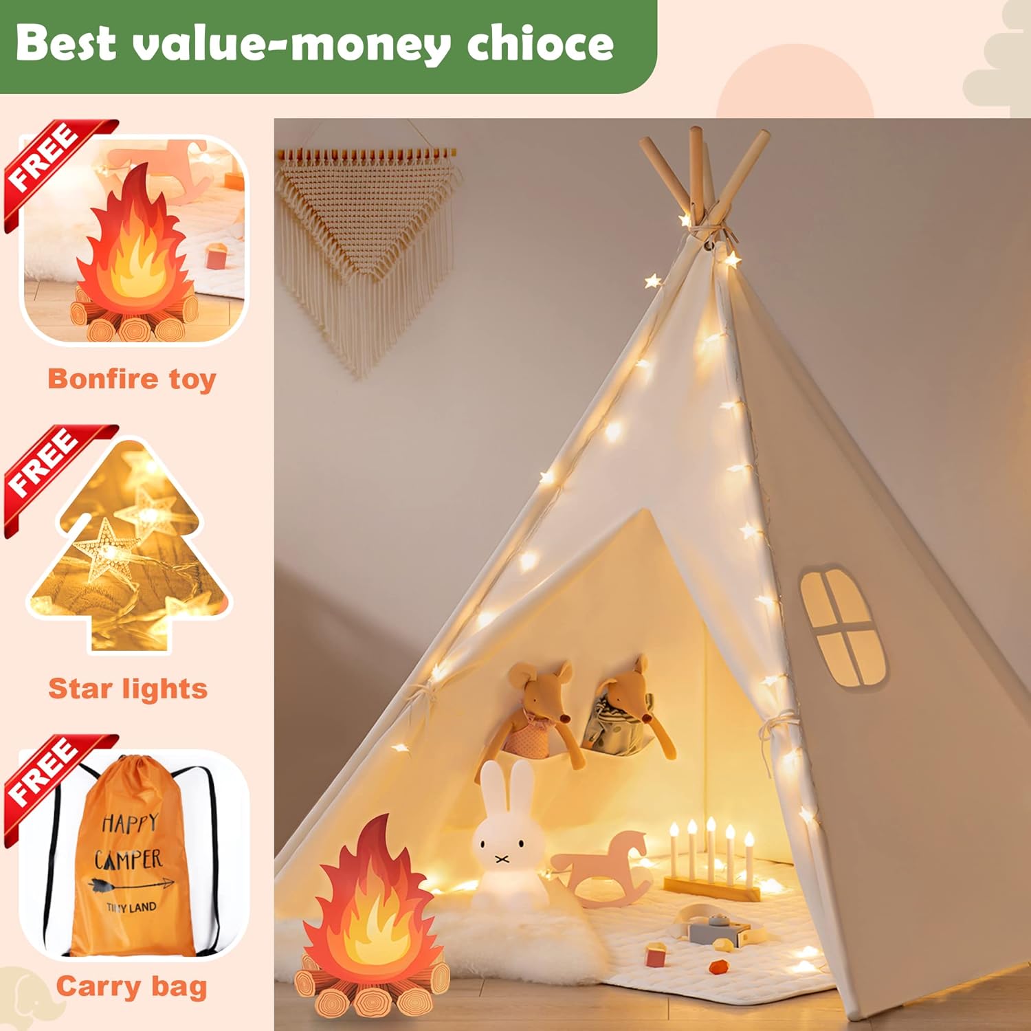 Teepee Tent for Kids with Star Lights – Indoor & Outdoor Kids Play Tent with LED Fairy Lights for Reading, Imaginative Play & Cozy Hideaway Fun