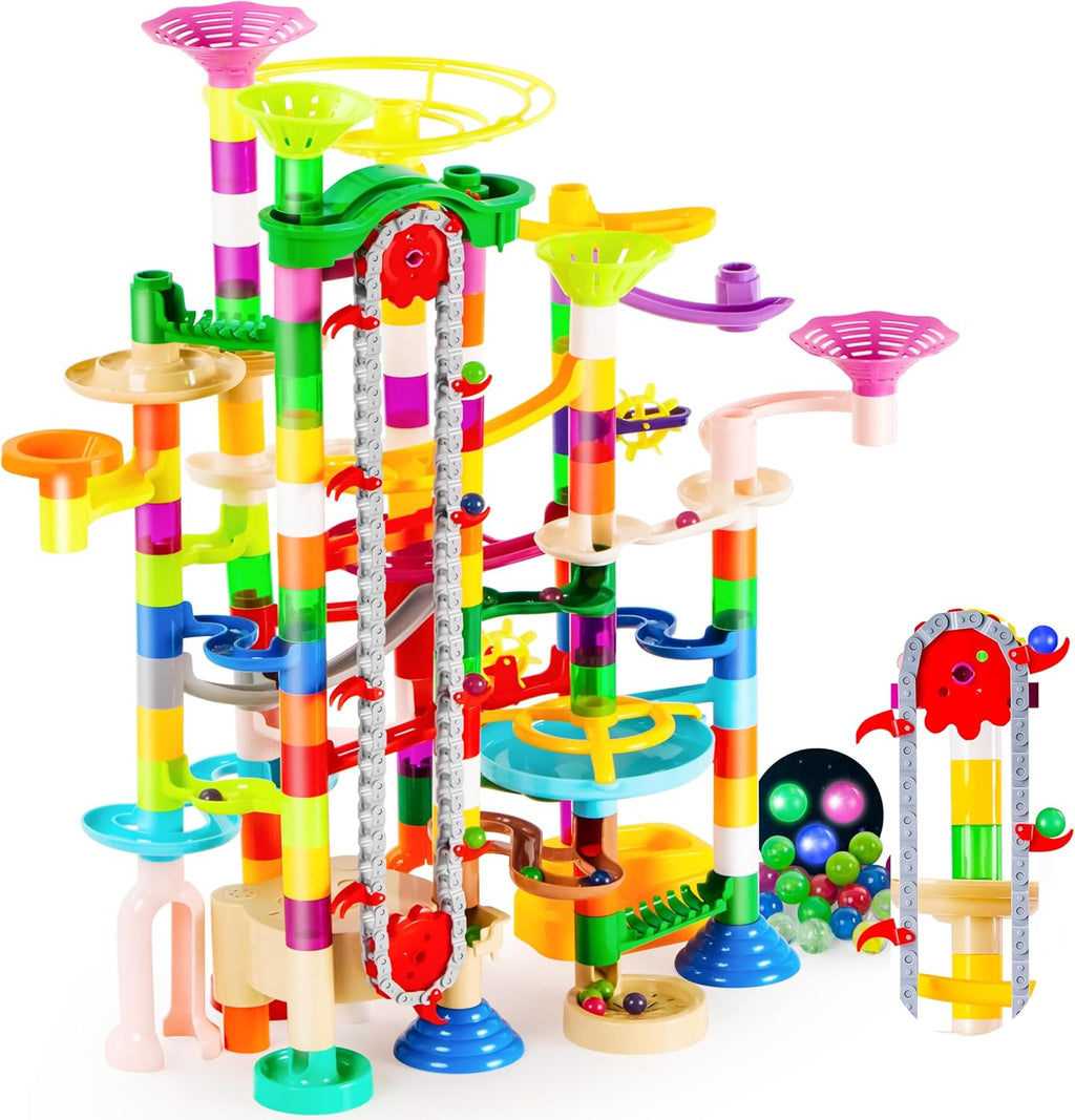 236-Piece Glowing Marble Run with Motorized Elevator – Construction Building Blocks Set with 30 Glow-in-the-Dark Marbles STEM Engineering Toy for Kids