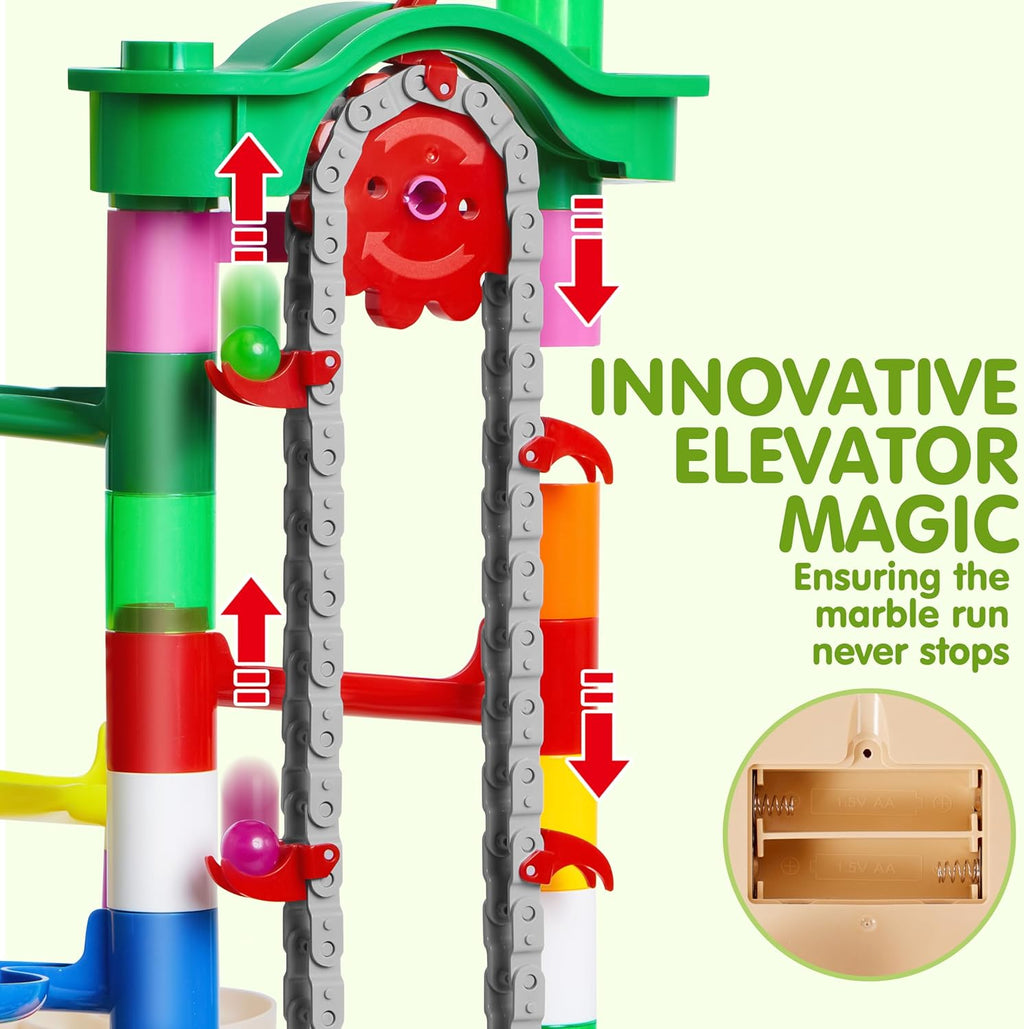 236-Piece Glowing Marble Run with Motorized Elevator – Construction Building Blocks Set with 30 Glow-in-the-Dark Marbles STEM Engineering Toy for Kids