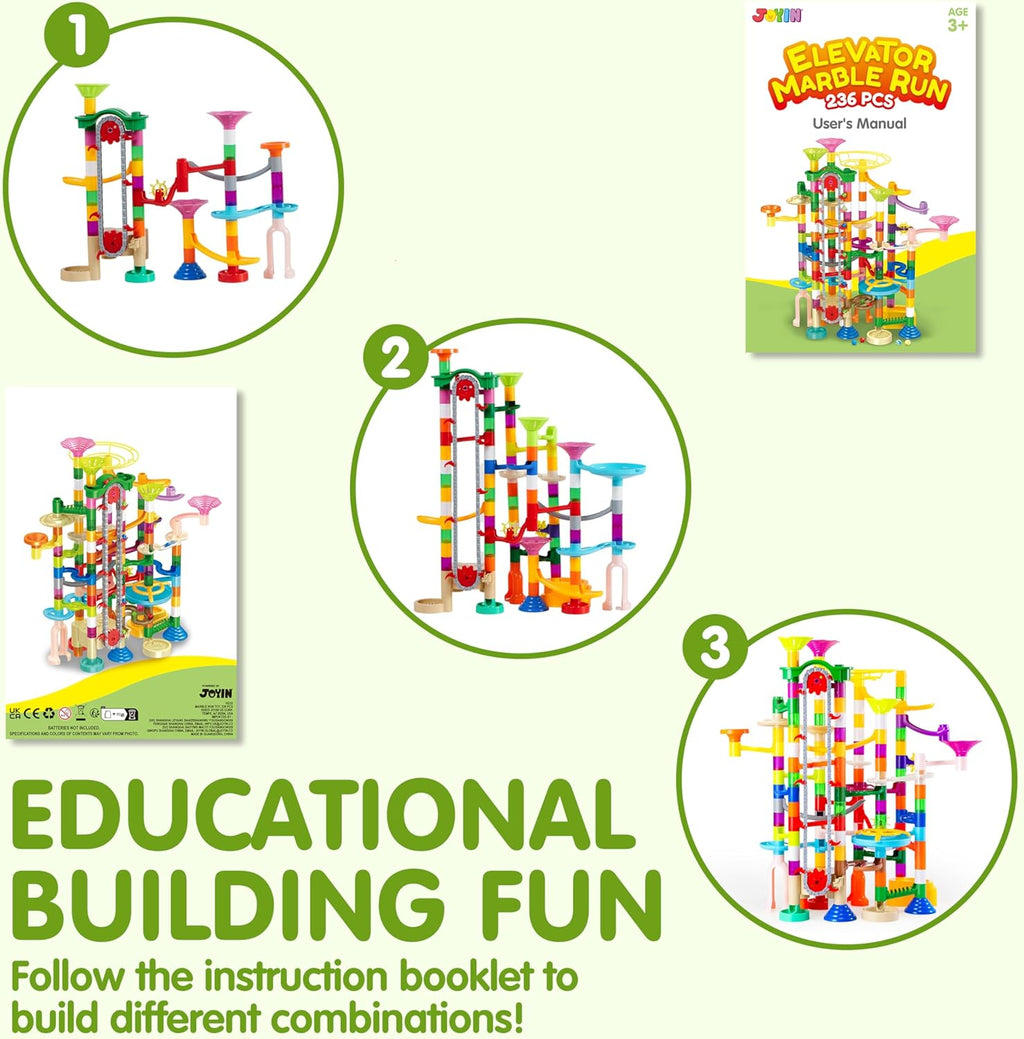 236-Piece Glowing Marble Run with Motorized Elevator – Construction Building Blocks Set with 30 Glow-in-the-Dark Marbles STEM Engineering Toy for Kids