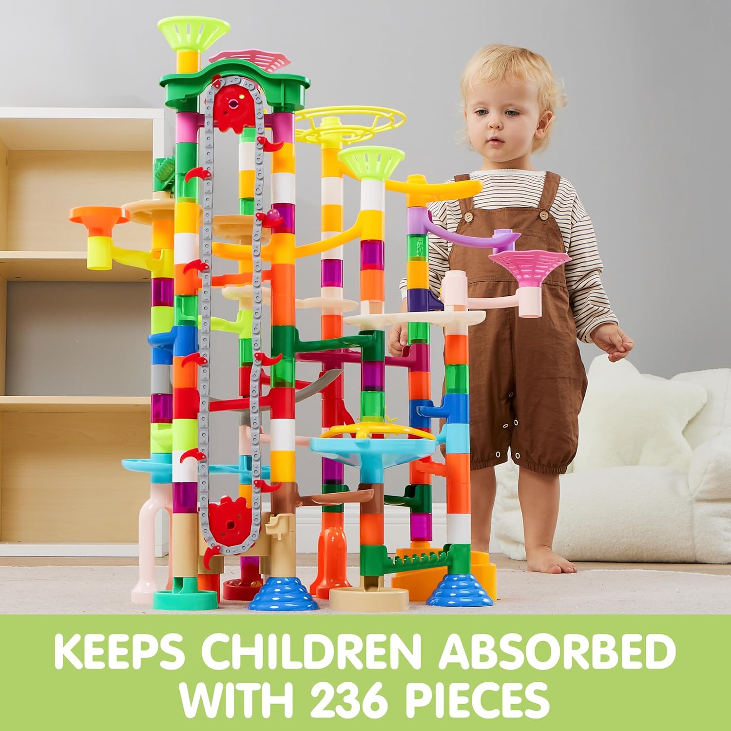 236-Piece Glowing Marble Run with Motorized Elevator – Construction Building Blocks Set with 30 Glow-in-the-Dark Marbles STEM Engineering Toy for Kids
