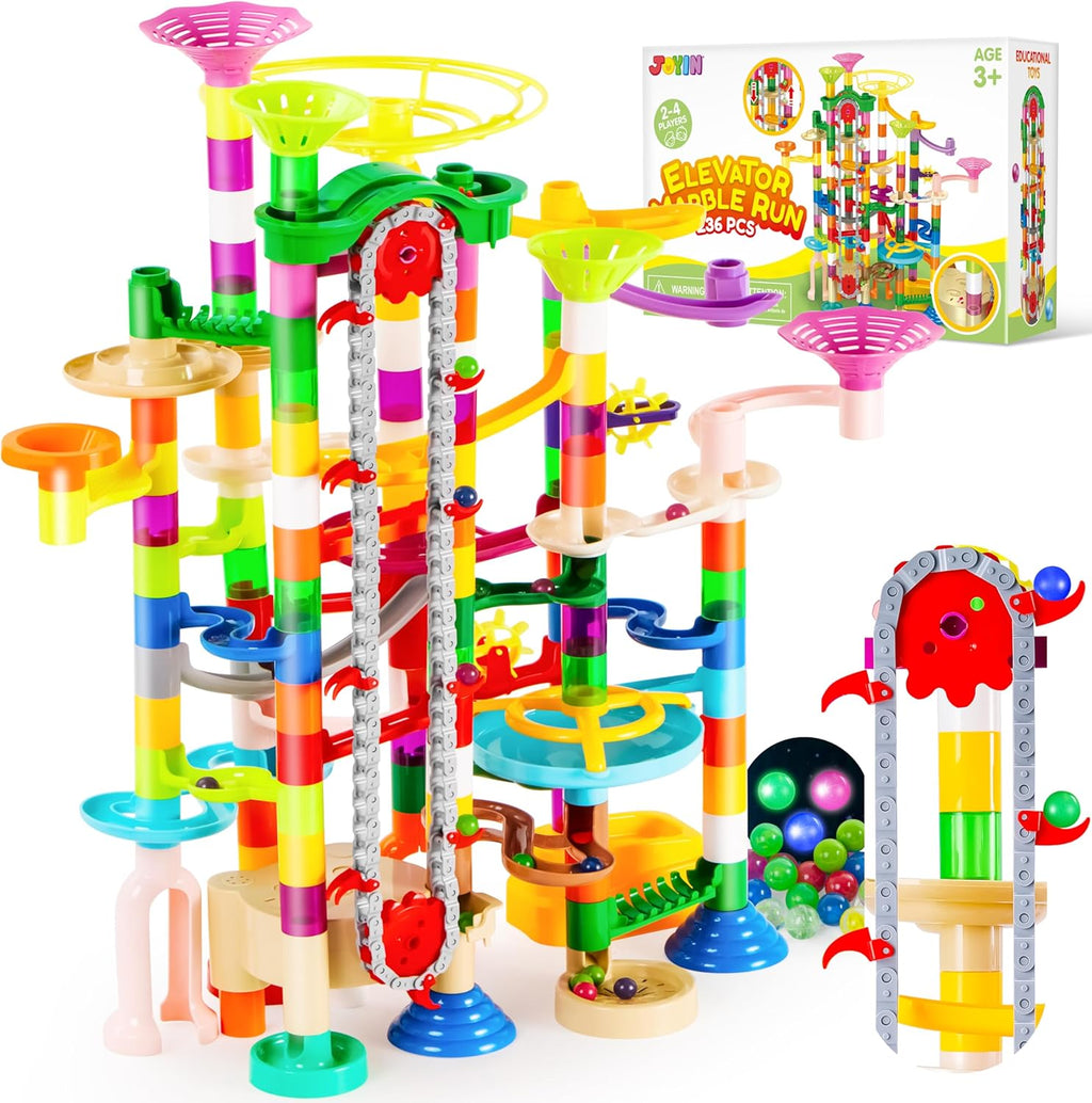 236-Piece Glowing Marble Run with Motorized Elevator – Construction Building Blocks Set with 30 Glow-in-the-Dark Marbles STEM Engineering Toy for Kids