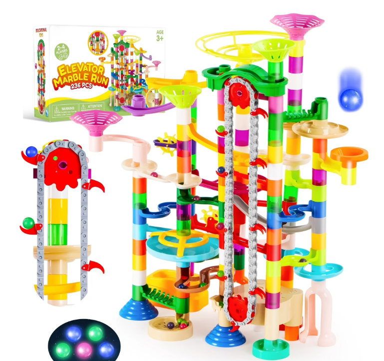 236-Piece Glowing Marble Run with Motorized Elevator – Construction Building Blocks Set with 30 Glow-in-the-Dark Marbles STEM Engineering Toy for Kids