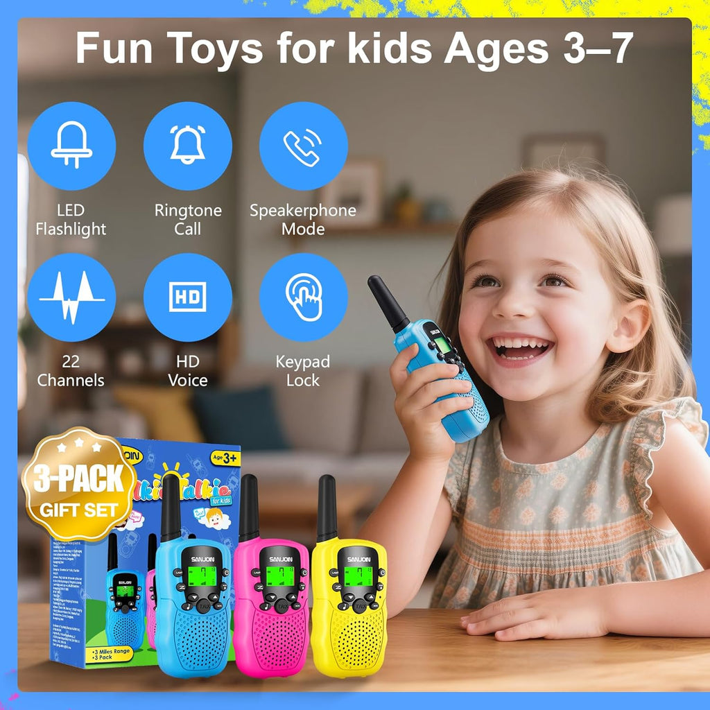 3-Pack Walkie Talkies for Kids – Outdoor Adventure Toys with Clear Sound, Long Range Communication for Games, Camping & Imaginative Play